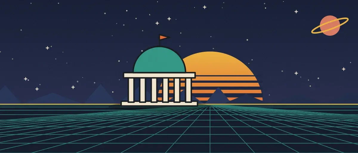 Retro-futurist illustration: a striped sunset over a teal grid horizon under a starry night sky, with a domed building with columns standing on the horizon.