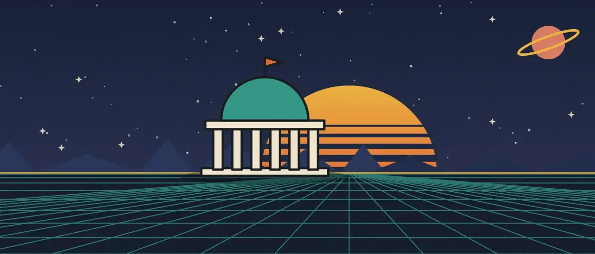 Retro-futurist illustration: a striped sunset over a teal grid horizon under a starry night sky, with a domed building with columns standing on the horizon.