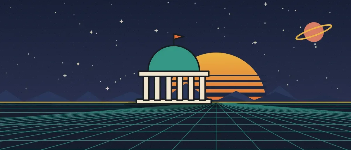 Retro-futurist illustration: a striped sunset over a teal grid horizon under a starry night sky, with a domed building with columns standing on the horizon.