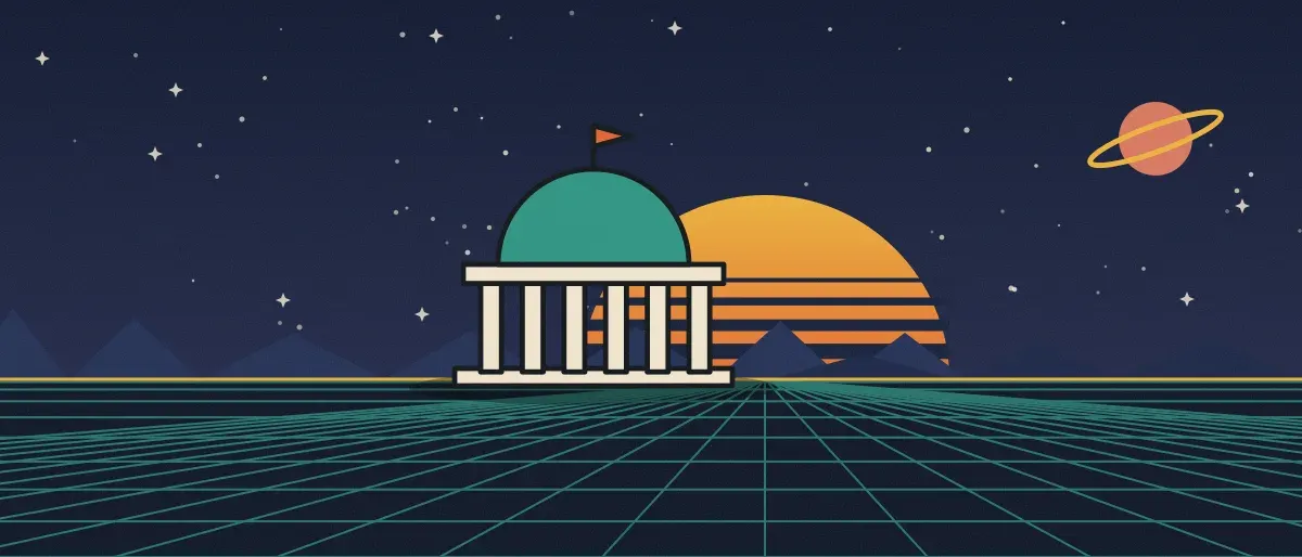 Retro-futurist illustration: a striped sunset over a teal grid horizon under a starry night sky, with a domed building with columns standing on the horizon.