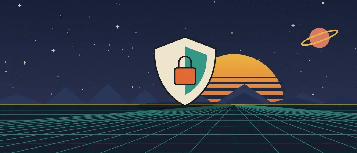 Retro-futurist illustration: a striped sunset over a teal grid horizon under a starry night sky, with a shield with a padlock standing on the horizon.