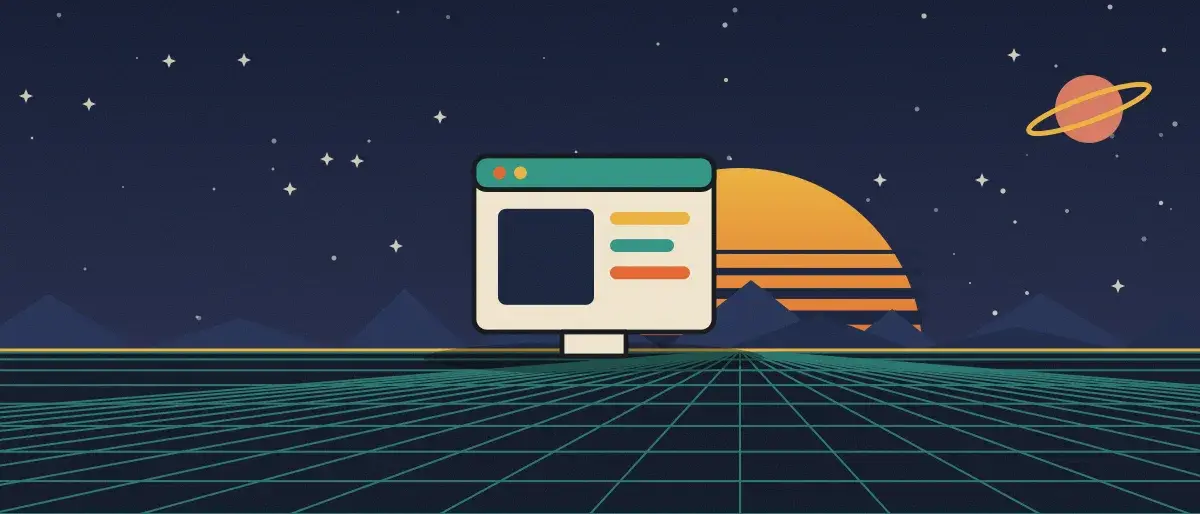 Retro-futurist illustration: a striped sunset over a teal grid horizon under a starry night sky, with an app window standing on the horizon.