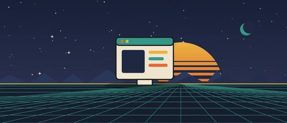 Retro-futurist illustration: a striped sunset over a teal grid horizon under a starry night sky, with an app window standing on the horizon.