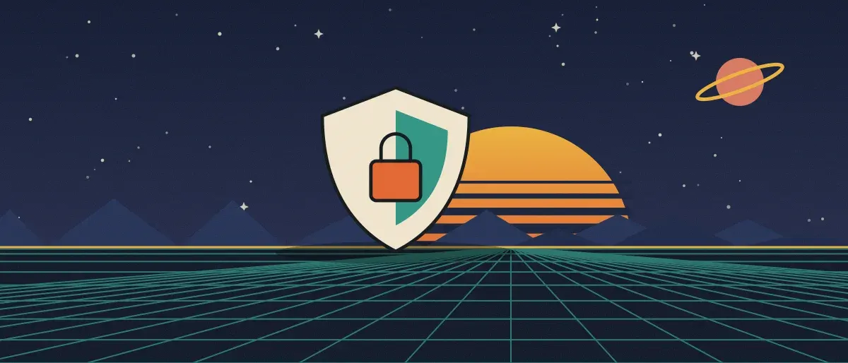 Retro-futurist illustration: a striped sunset over a teal grid horizon under a starry night sky, with a shield with a padlock standing on the horizon.