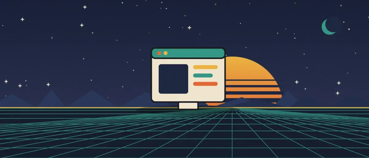 Retro-futurist illustration: a striped sunset over a teal grid horizon under a starry night sky, with an app window standing on the horizon.