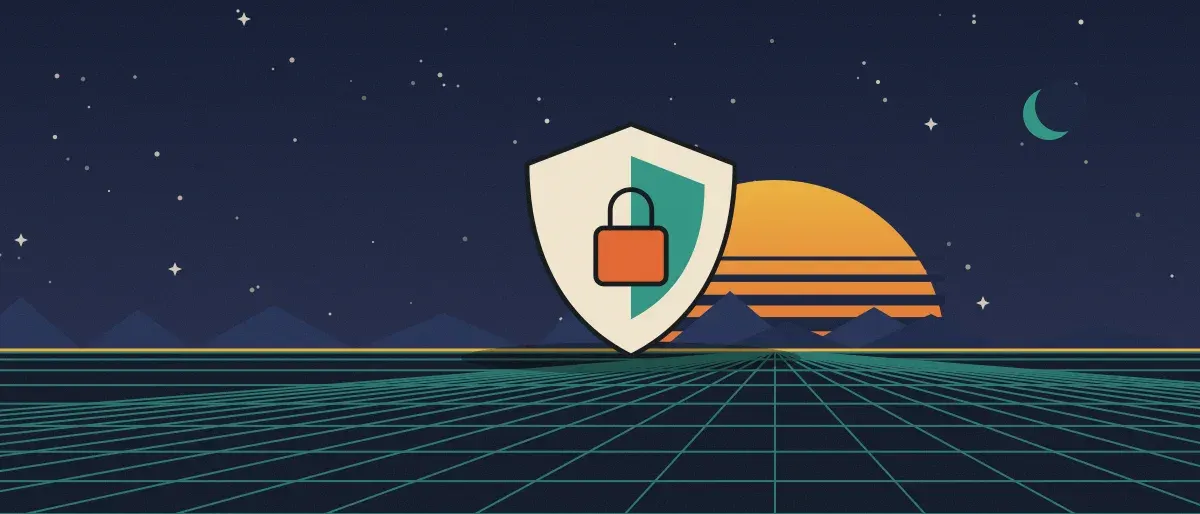Retro-futurist illustration: a striped sunset over a teal grid horizon under a starry night sky, with a shield with a padlock standing on the horizon.