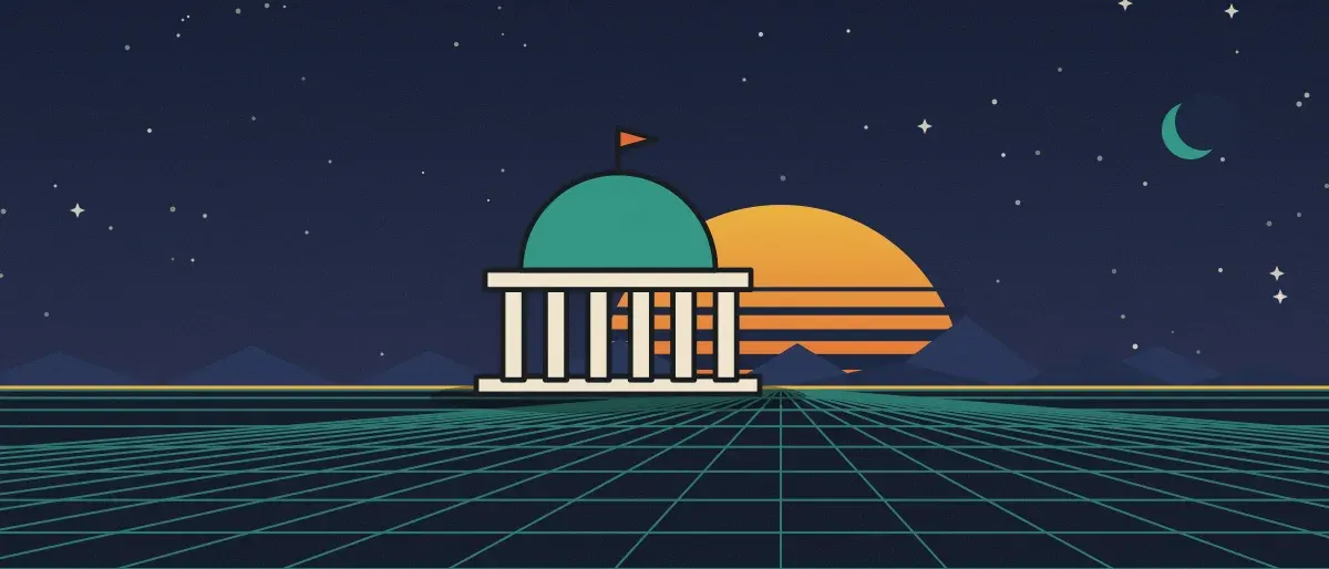 Retro-futurist illustration: a striped sunset over a teal grid horizon under a starry night sky, with a domed building with columns standing on the horizon.