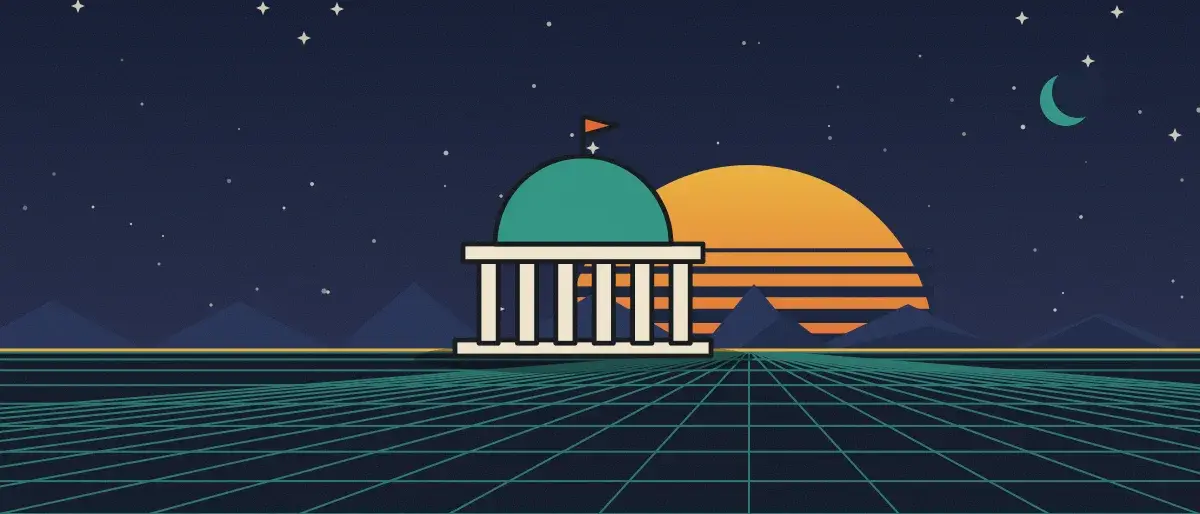 Retro-futurist illustration: a striped sunset over a teal grid horizon under a starry night sky, with a domed building with columns standing on the horizon.