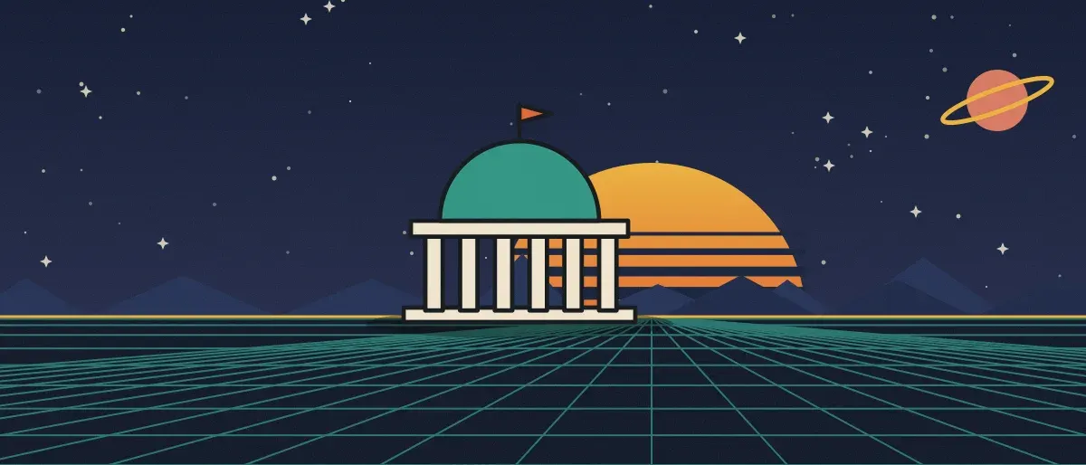 Retro-futurist illustration: a striped sunset over a teal grid horizon under a starry night sky, with a domed building with columns standing on the horizon.