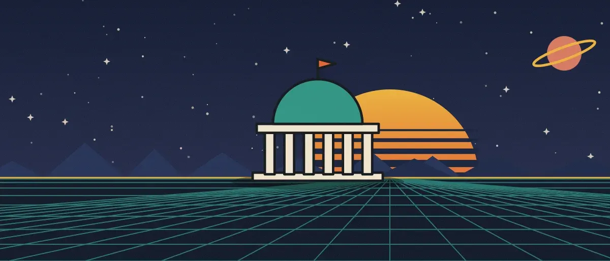 Retro-futurist illustration: a striped sunset over a teal grid horizon under a starry night sky, with a domed building with columns standing on the horizon.