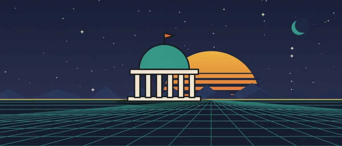 復古未來風插畫：星空夜幕下，青綠色格線地平線上方掛著條紋夕陽，地平線上立著一棟有圓頂與立柱的建築。
