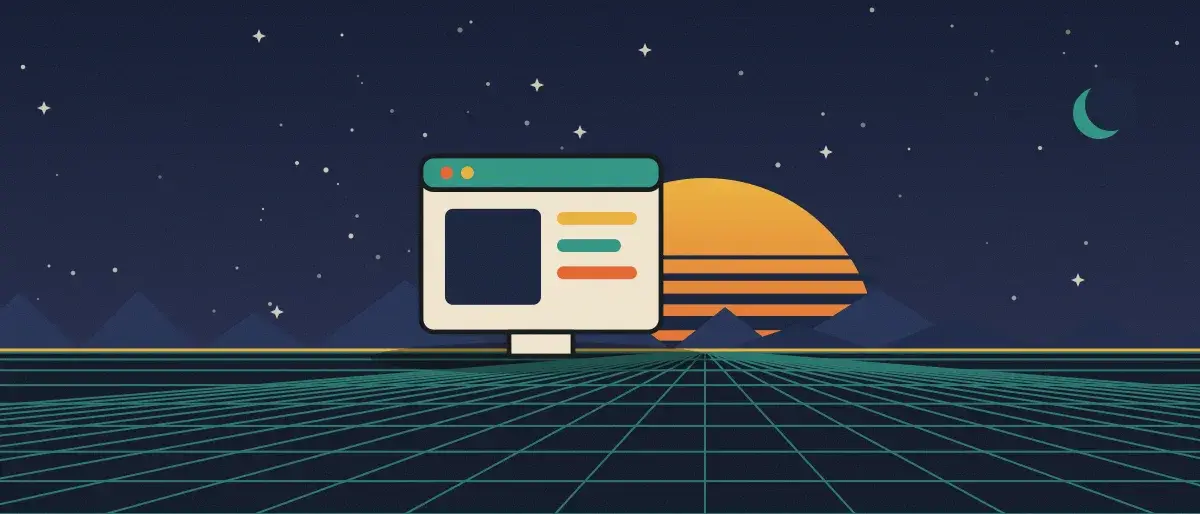 Retro-futurist illustration: a striped sunset over a teal grid horizon under a starry night sky, with an app window standing on the horizon.