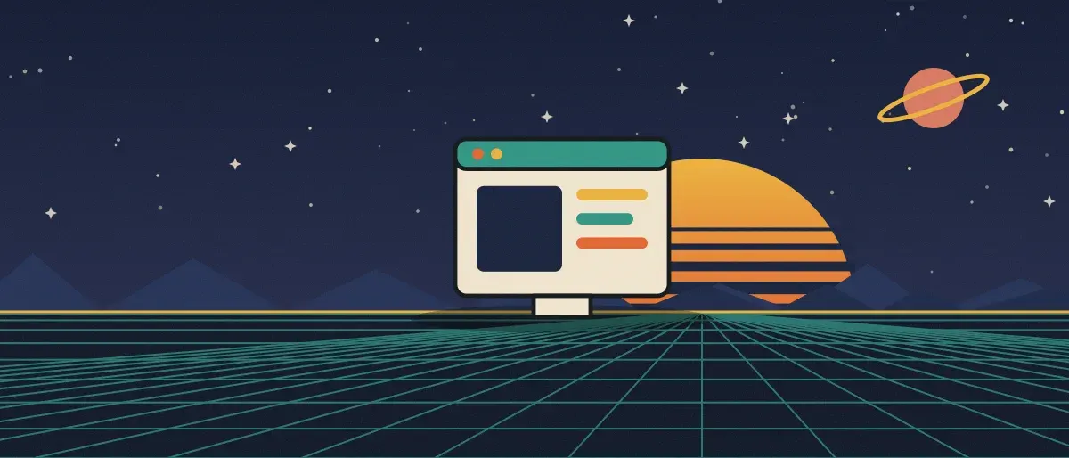 Retro-futurist illustration: a striped sunset over a teal grid horizon under a starry night sky, with an app window standing on the horizon.