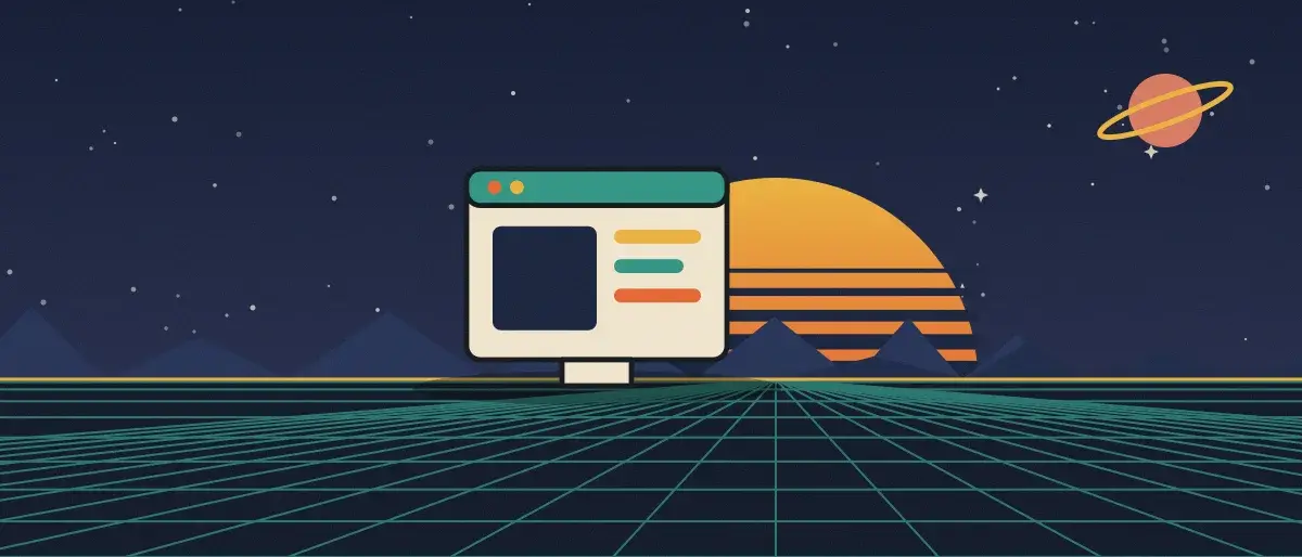 Retro-futurist illustration: a striped sunset over a teal grid horizon under a starry night sky, with an app window standing on the horizon.