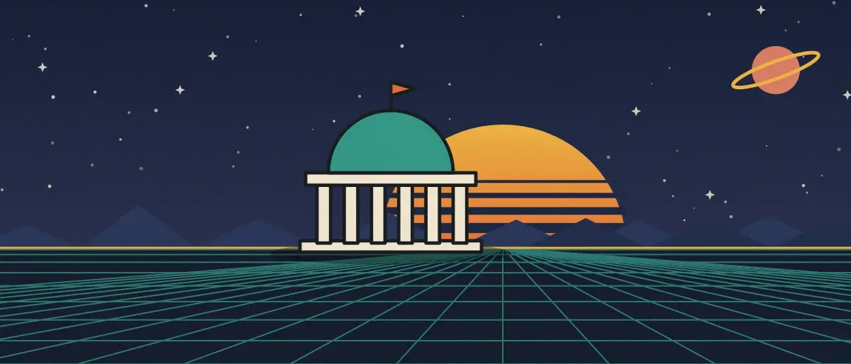 Retro-futurist illustration: a striped sunset over a teal grid horizon under a starry night sky, with a domed building with columns standing on the horizon.