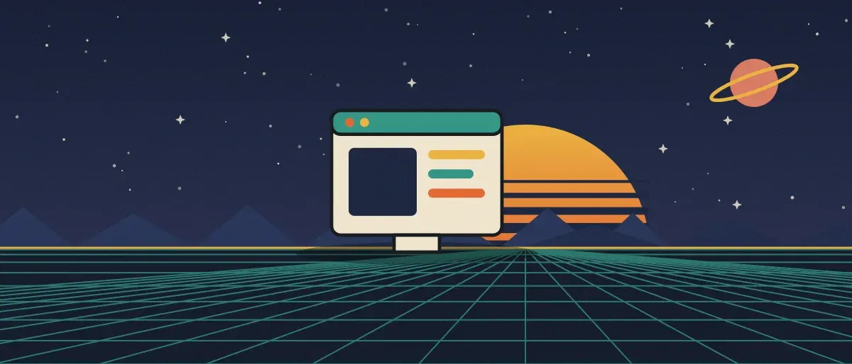 Ilustración retrofuturista: un atardecer a rayas sobre un horizonte de cuadrícula verde azulado bajo un cielo nocturno estrellado, con la ventana de una aplicación en el horizonte.