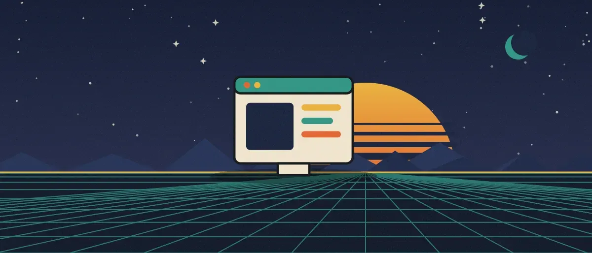 Retro-futurist illustration: a striped sunset over a teal grid horizon under a starry night sky, with an app window standing on the horizon.