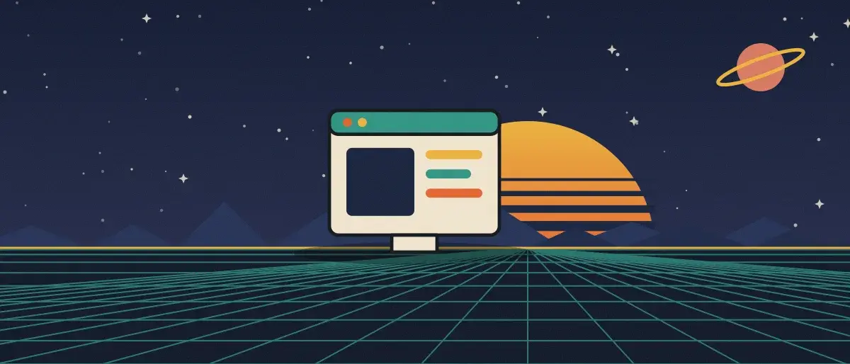 Illustration rétrofuturiste : un coucher de soleil rayé sur un horizon quadrillé turquoise, sous un ciel étoilé, avec une fenêtre d'application dressée à l'horizon.