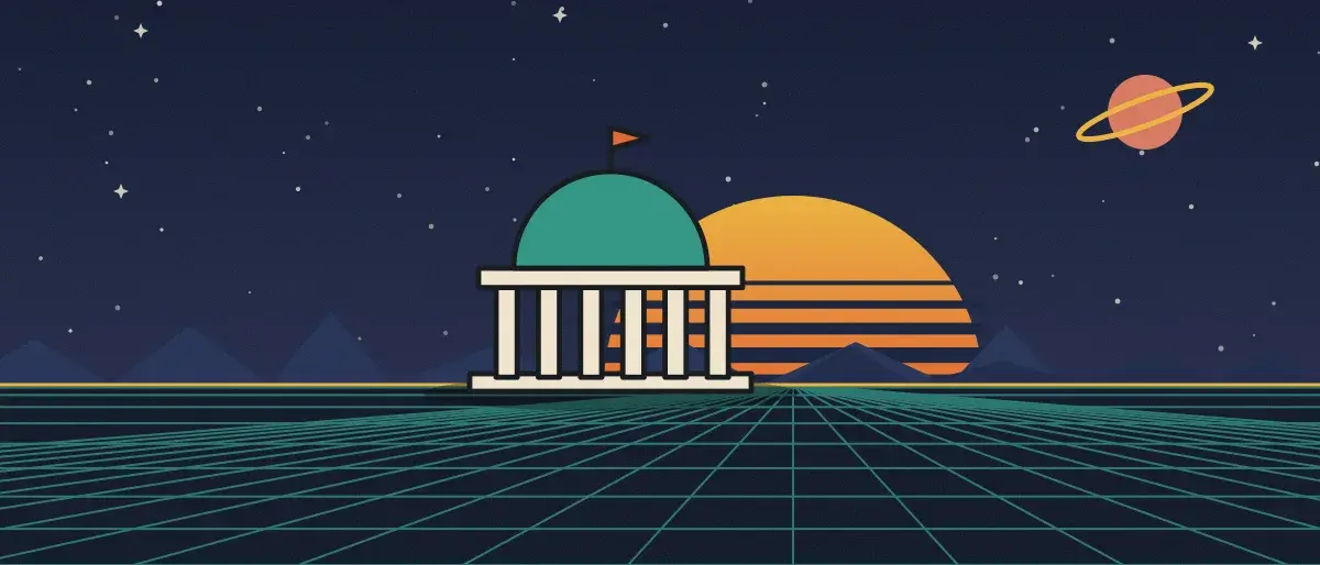 Ilustración retrofuturista: un atardecer a rayas sobre un horizonte de cuadrícula verde azulado bajo un cielo nocturno estrellado, con un edificio con cúpula y columnas en el horizonte.