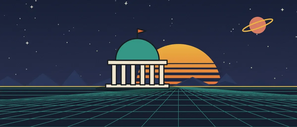 Ilustración retrofuturista: un atardecer a rayas sobre un horizonte de cuadrícula verde azulado bajo un cielo nocturno estrellado, con un edificio con cúpula y columnas en el horizonte.
