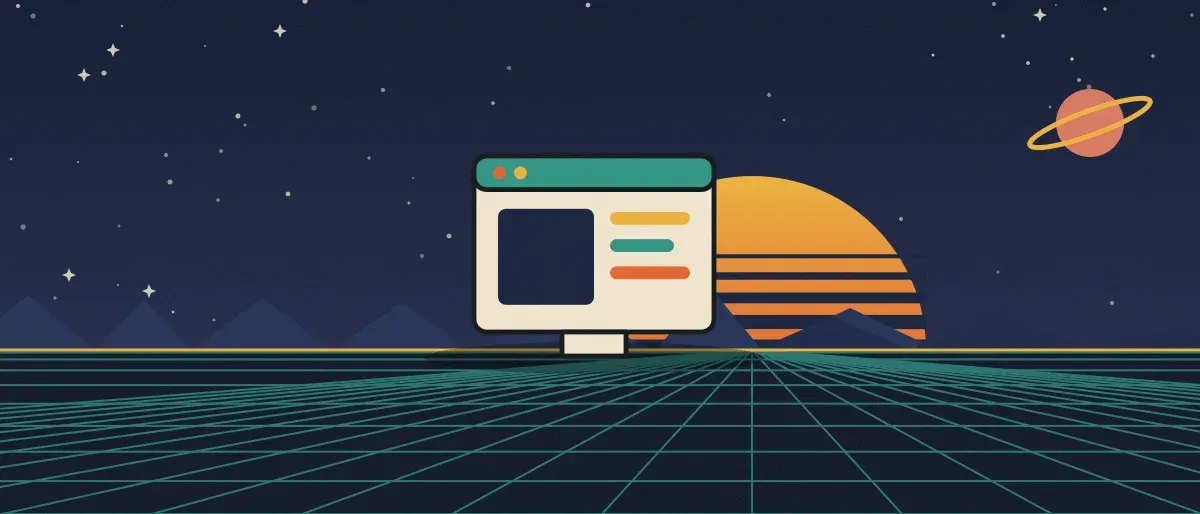 Retro-futurist illustration: a striped sunset over a teal grid horizon under a starry night sky, with an app window standing on the horizon.