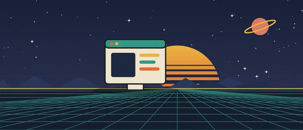 Ilustración retrofuturista: un atardecer a rayas sobre un horizonte de cuadrícula verde azulado bajo un cielo nocturno estrellado, con la ventana de una aplicación en el horizonte.