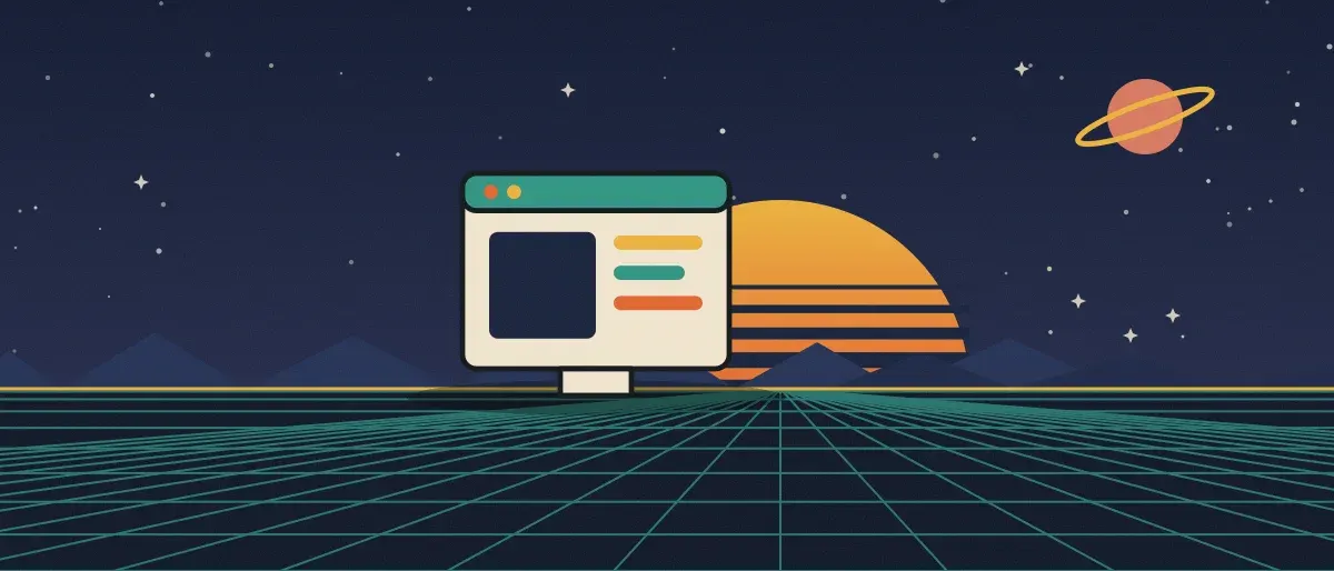 Ilustración retrofuturista: un atardecer a rayas sobre un horizonte de cuadrícula verde azulado bajo un cielo nocturno estrellado, con la ventana de una aplicación en el horizonte.