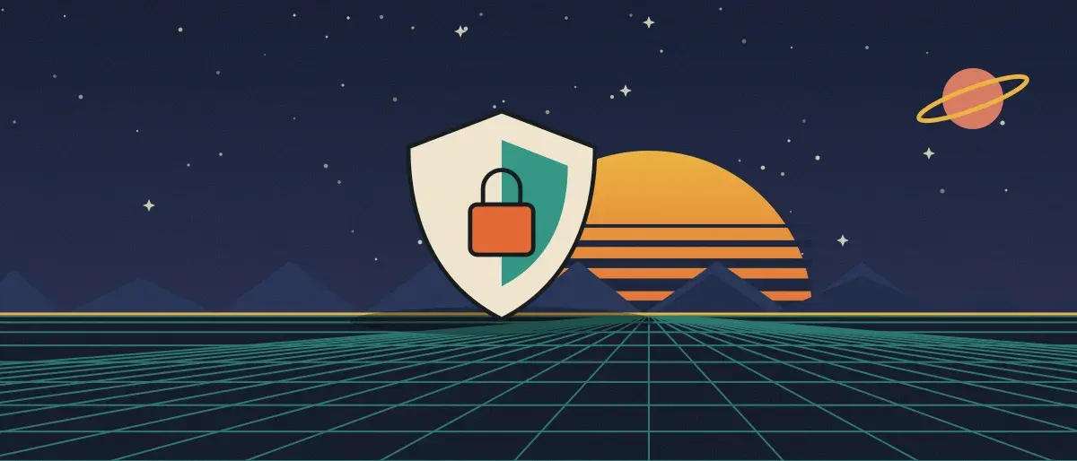 Retro-futurist illustration: a striped sunset over a teal grid horizon under a starry night sky, with a shield with a padlock standing on the horizon.