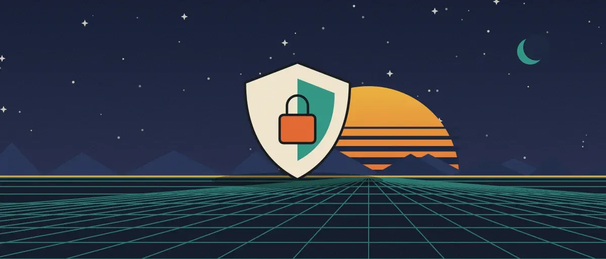 Retro-futurist illustration: a striped sunset over a teal grid horizon under a starry night sky, with a shield with a padlock standing on the horizon.