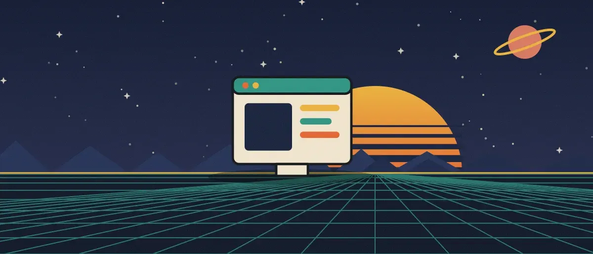 Retro-futurist illustration: a striped sunset over a teal grid horizon under a starry night sky, with an app window standing on the horizon.