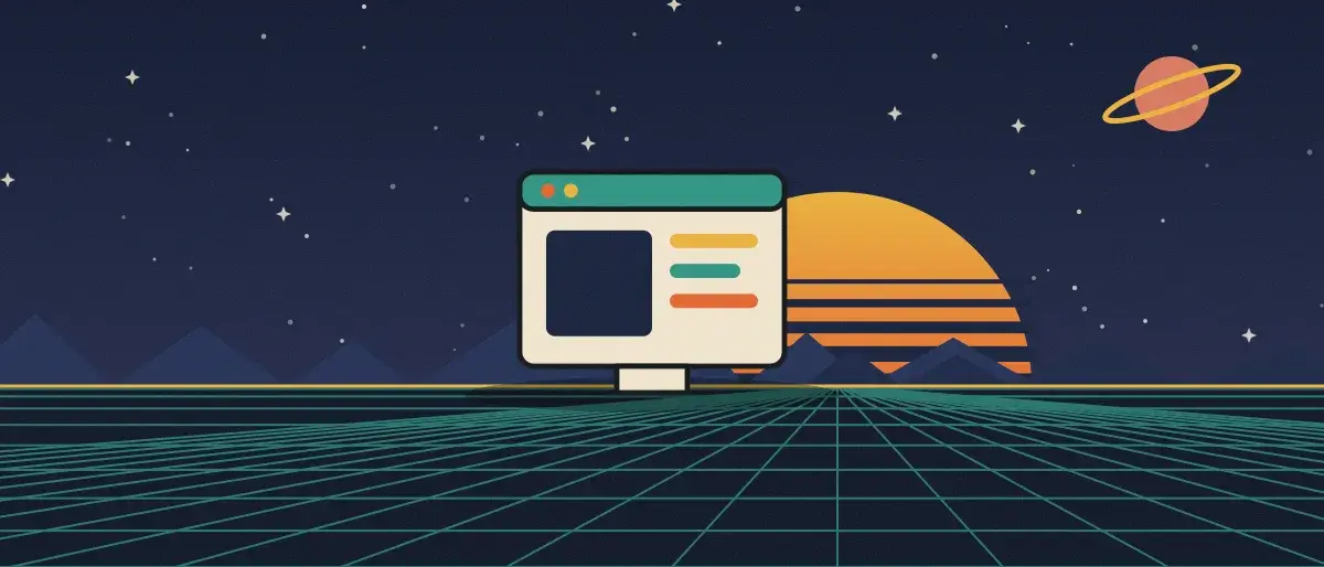 Ilustración retrofuturista: un atardecer a rayas sobre un horizonte de cuadrícula verde azulado bajo un cielo nocturno estrellado, con la ventana de una aplicación en el horizonte.