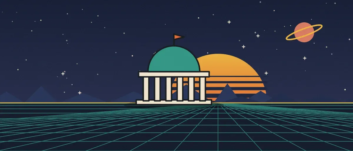Ilustración retrofuturista: un atardecer a rayas sobre un horizonte de cuadrícula verde azulado bajo un cielo nocturno estrellado, con un edificio con cúpula y columnas en el horizonte.