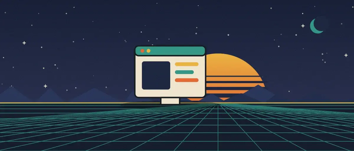 Retro-futurist illustration: a striped sunset over a teal grid horizon under a starry night sky, with an app window standing on the horizon.