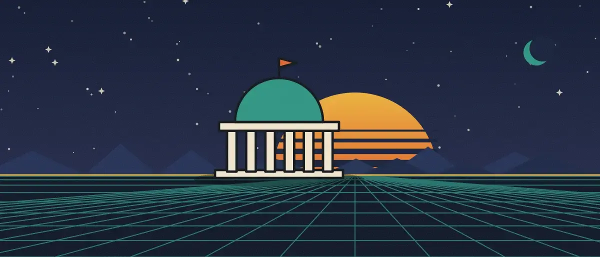 Ilustración retrofuturista: un atardecer a rayas sobre un horizonte de cuadrícula verde azulado bajo un cielo nocturno estrellado, con un edificio con cúpula y columnas en el horizonte.