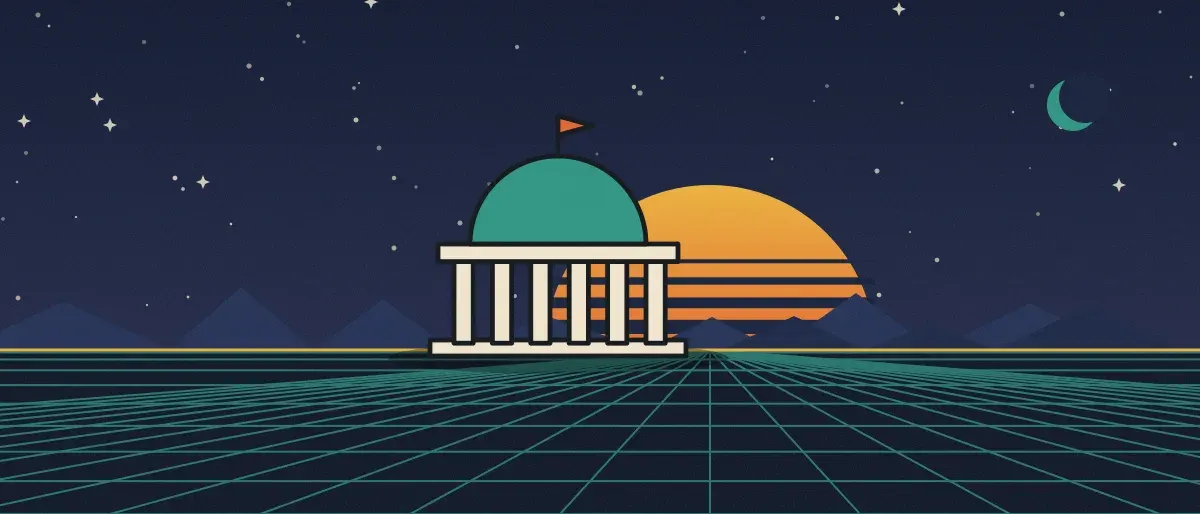 Retro-futurist illustration: a striped sunset over a teal grid horizon under a starry night sky, with a domed building with columns standing on the horizon.