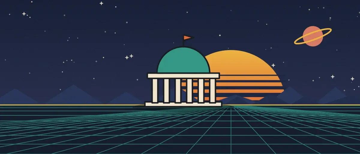 Retro-futurist illustration: a striped sunset over a teal grid horizon under a starry night sky, with a domed building with columns standing on the horizon.