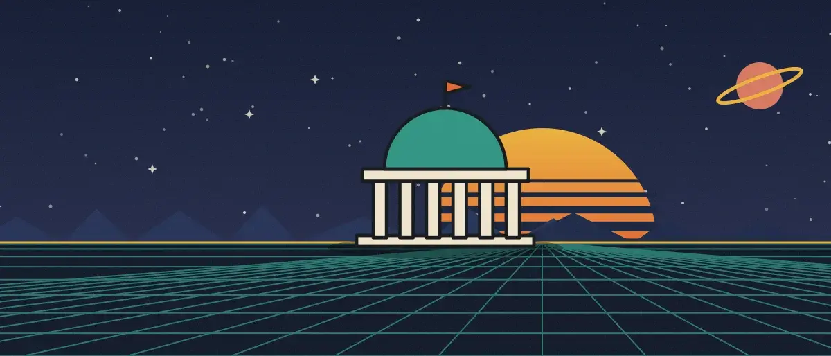 Ilustración retrofuturista: un atardecer a rayas sobre un horizonte de cuadrícula verde azulado bajo un cielo nocturno estrellado, con un edificio con cúpula y columnas en el horizonte.