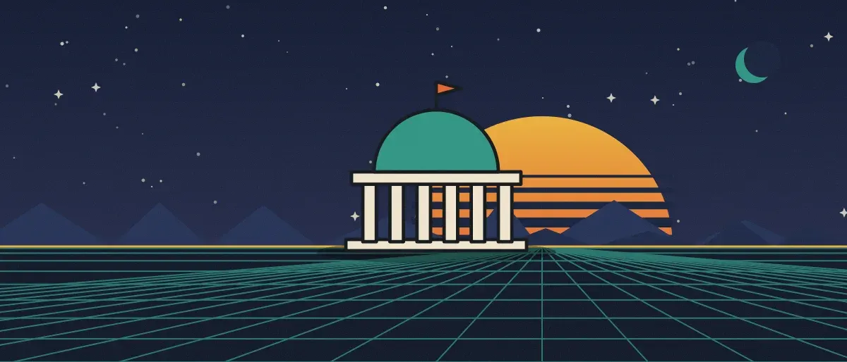 Ilustración retrofuturista: un atardecer a rayas sobre un horizonte de cuadrícula verde azulado bajo un cielo nocturno estrellado, con un edificio con cúpula y columnas en el horizonte.