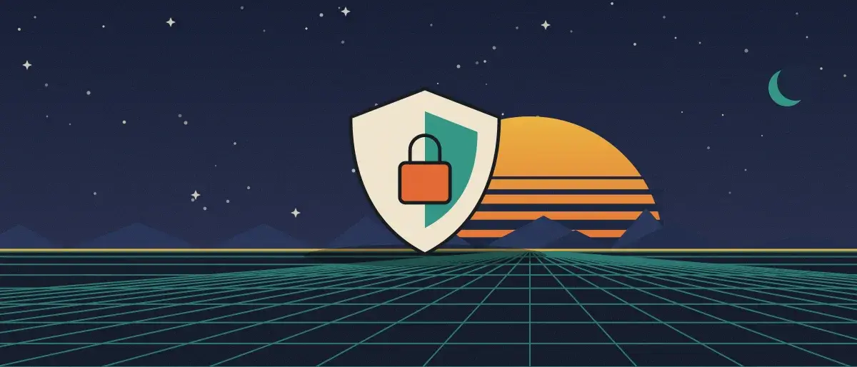 Retro-futurist illustration: a striped sunset over a teal grid horizon under a starry night sky, with a shield with a padlock standing on the horizon.