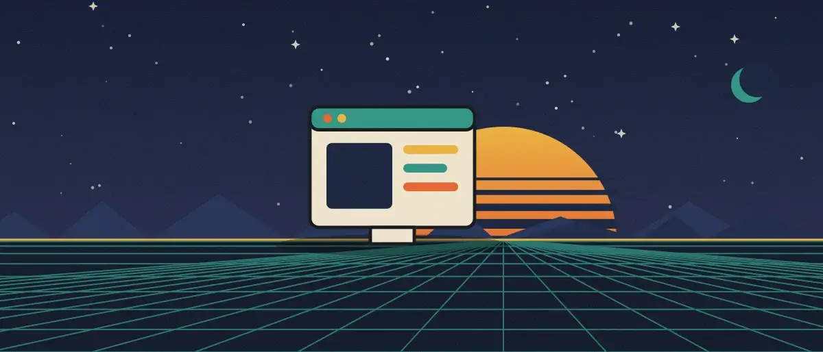 Ilustración retrofuturista: un atardecer a rayas sobre un horizonte de cuadrícula verde azulado bajo un cielo nocturno estrellado, con la ventana de una aplicación en el horizonte.