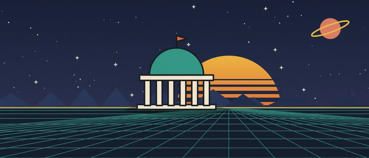 Retro-futurist illustration: a striped sunset over a teal grid horizon under a starry night sky, with a domed building with columns standing on the horizon.