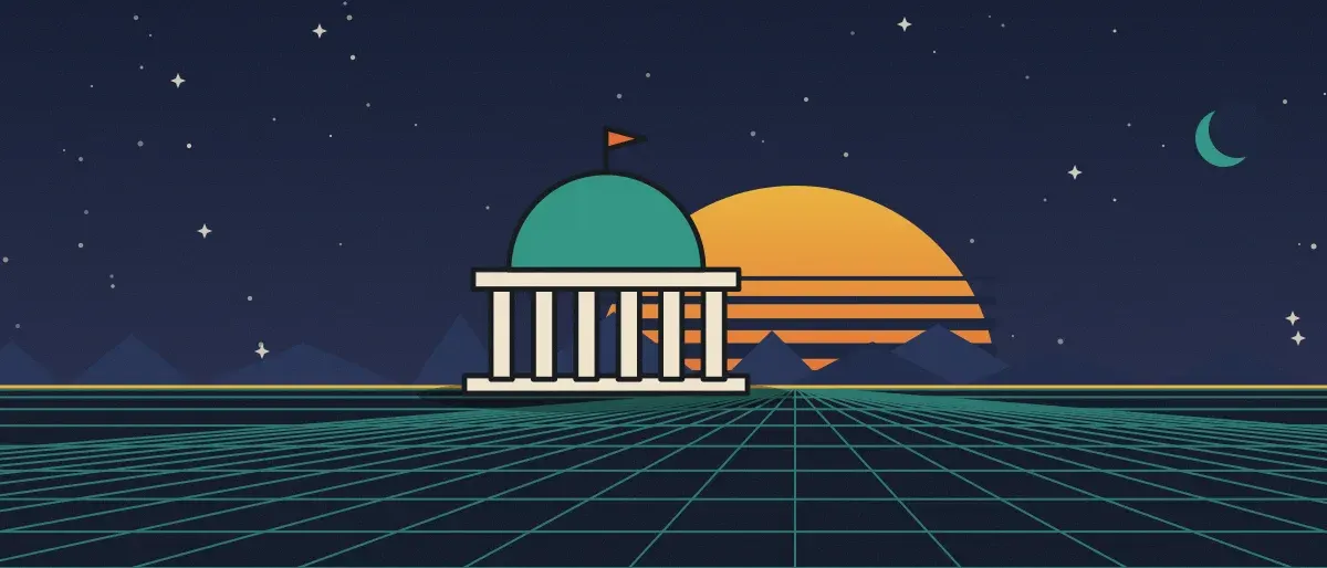 Ilustración retrofuturista: un atardecer a rayas sobre un horizonte de cuadrícula verde azulado bajo un cielo nocturno estrellado, con un edificio con cúpula y columnas en el horizonte.