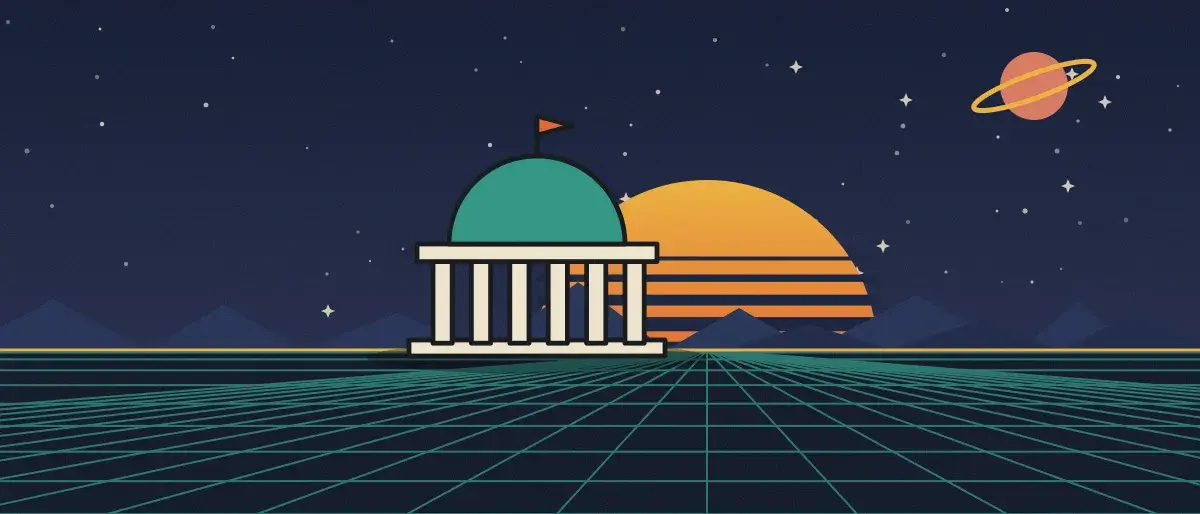 Ilustración retrofuturista: un atardecer a rayas sobre un horizonte de cuadrícula verde azulado bajo un cielo nocturno estrellado, con un edificio con cúpula y columnas en el horizonte.