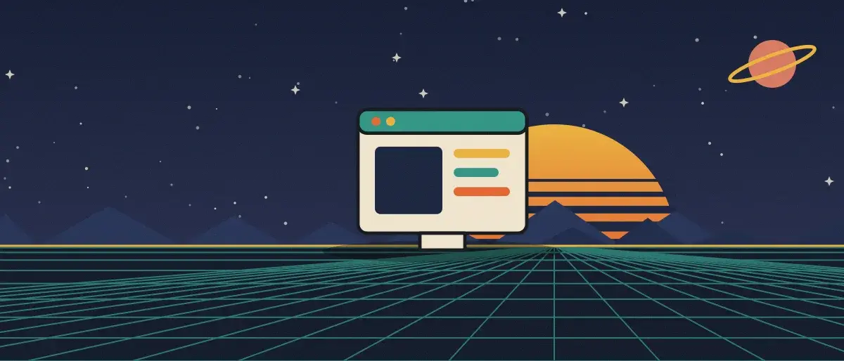Retro-futurist illustration: a striped sunset over a teal grid horizon under a starry night sky, with an app window standing on the horizon.
