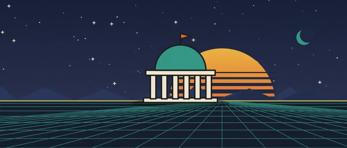 Ilustración retrofuturista: un atardecer a rayas sobre un horizonte de cuadrícula verde azulado bajo un cielo nocturno estrellado, con un edificio con cúpula y columnas en el horizonte.
