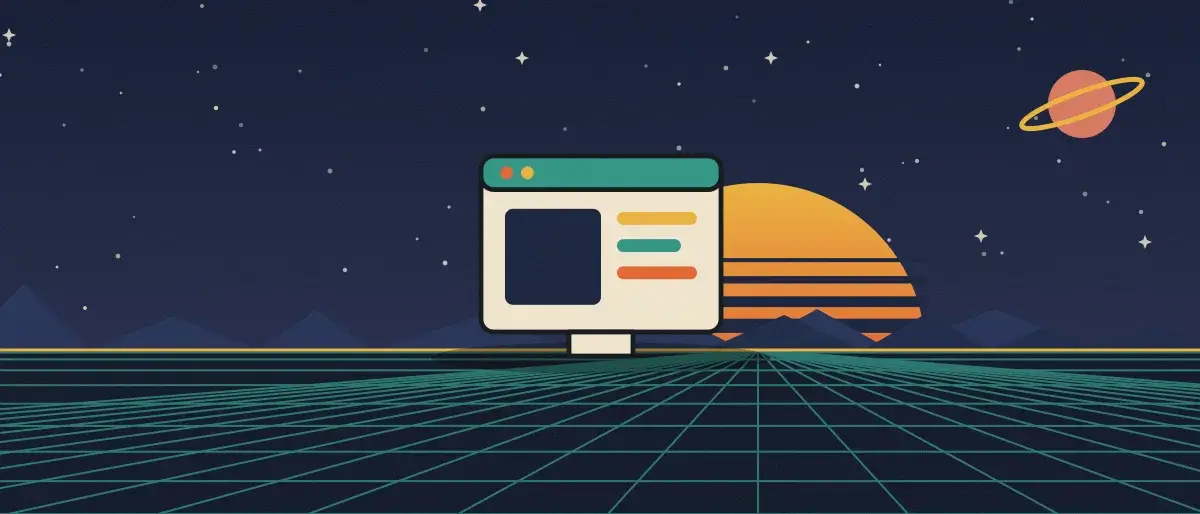 Retro-futurist illustration: a striped sunset over a teal grid horizon under a starry night sky, with an app window standing on the horizon.