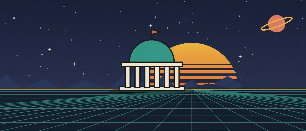 Retro-futurist illustration: a striped sunset over a teal grid horizon under a starry night sky, with a domed building with columns standing on the horizon.
