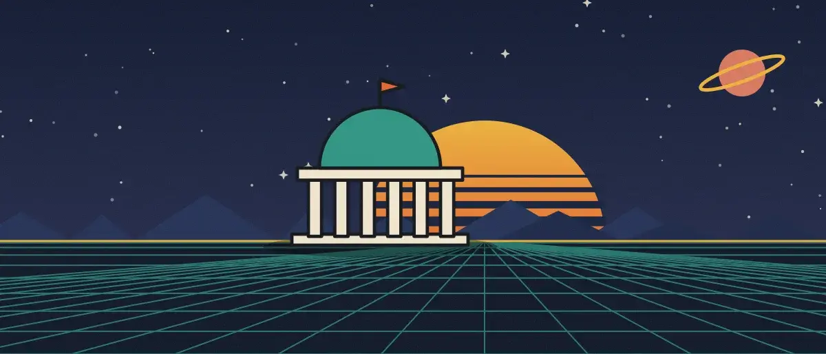 Ilustración retrofuturista: un atardecer a rayas sobre un horizonte de cuadrícula verde azulado bajo un cielo nocturno estrellado, con un edificio con cúpula y columnas en el horizonte.