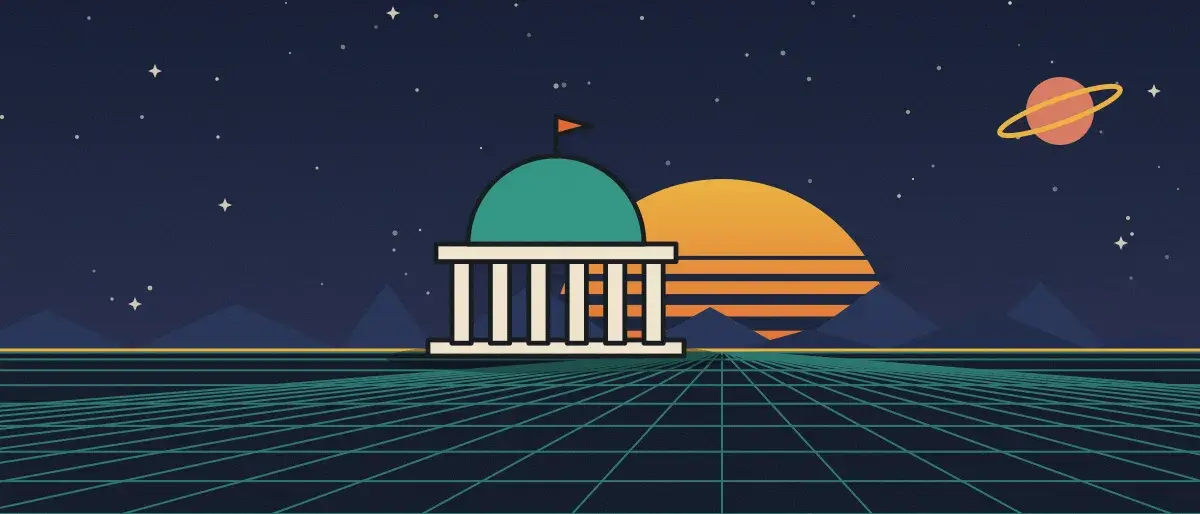 Retro-futurist illustration: a striped sunset over a teal grid horizon under a starry night sky, with a domed building with columns standing on the horizon.