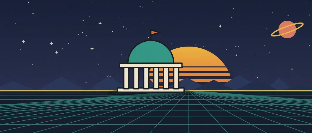 Retro-futurist illustration: a striped sunset over a teal grid horizon under a starry night sky, with a domed building with columns standing on the horizon.